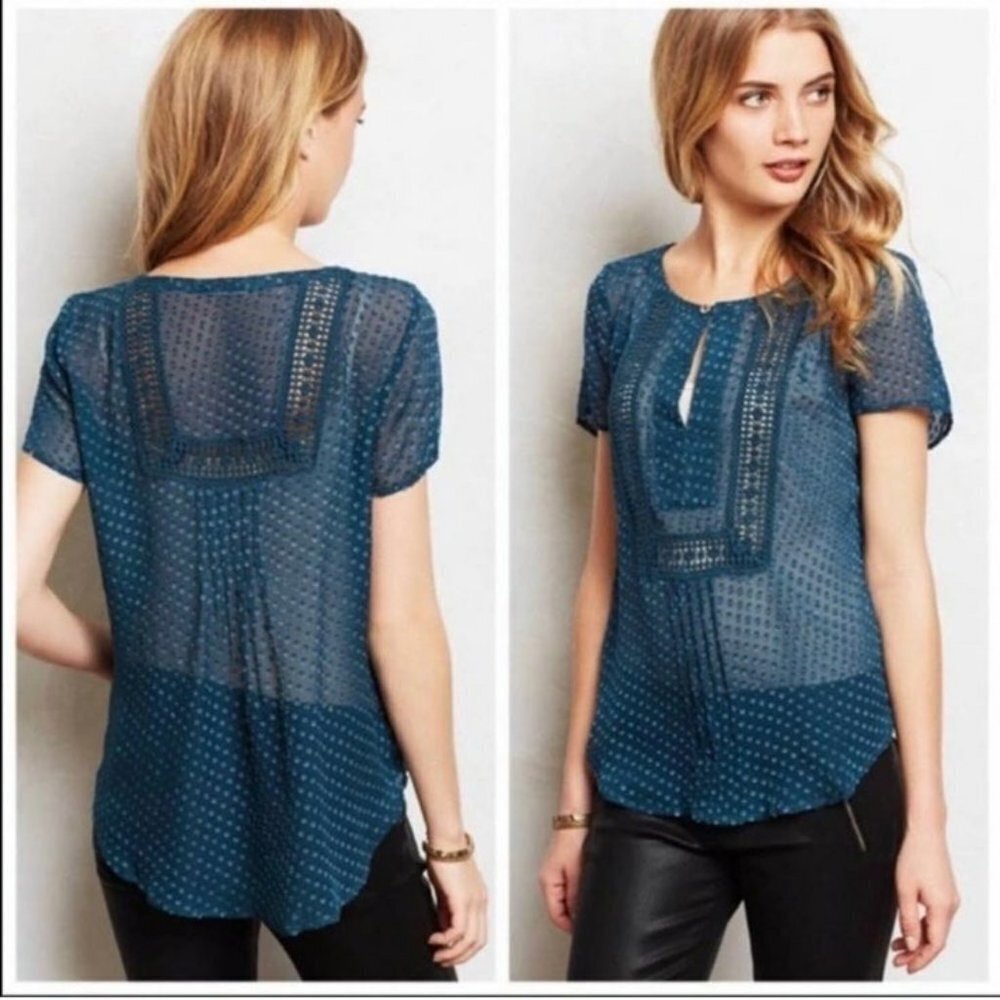 Anthro Meadow Rue Grassland Teal Swiss Dot Blouse SZ S
